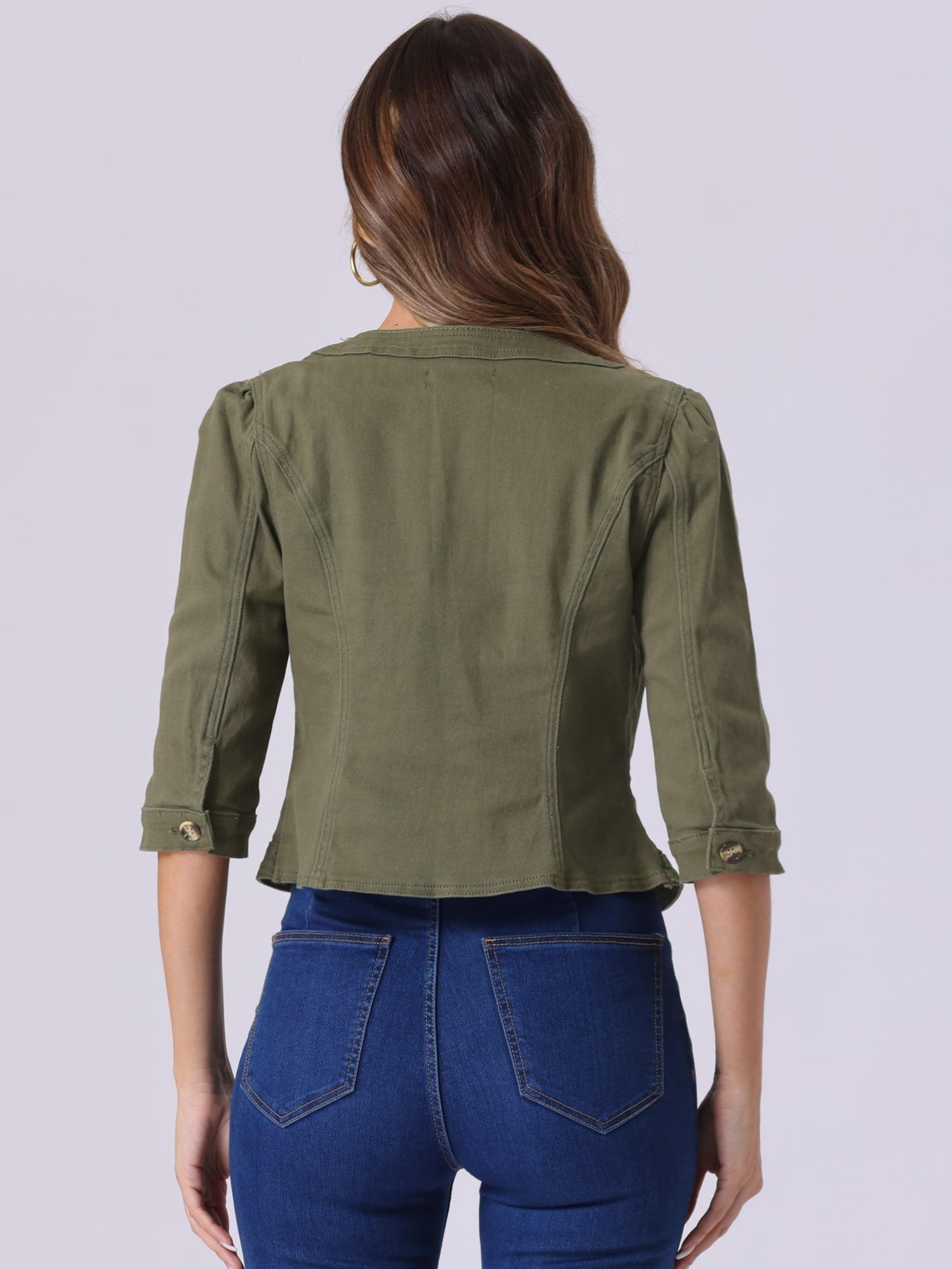 DARING DIVA Women's Collarless 3/4 Sleeve Denim Jackets XL Army Green