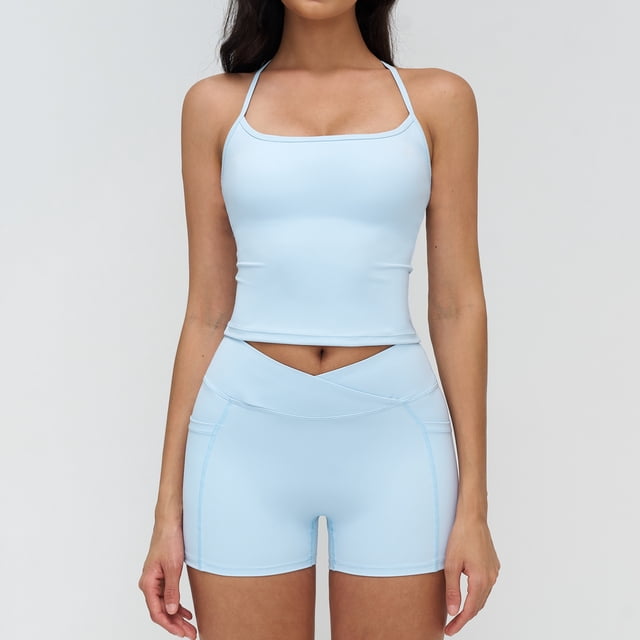 PISONIC Women 2 Piece Workout Sets Crossover High Waisted Biker Shorts with Pockets Built in Bra Racerback Tank Tops