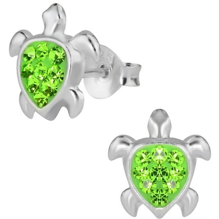 Silver Sea Turtle Earrings - Hypoallergenic Sterling Silver Green CZ Crystal Sea Turtle Stud Earrings for Kids (Nickel Free)
