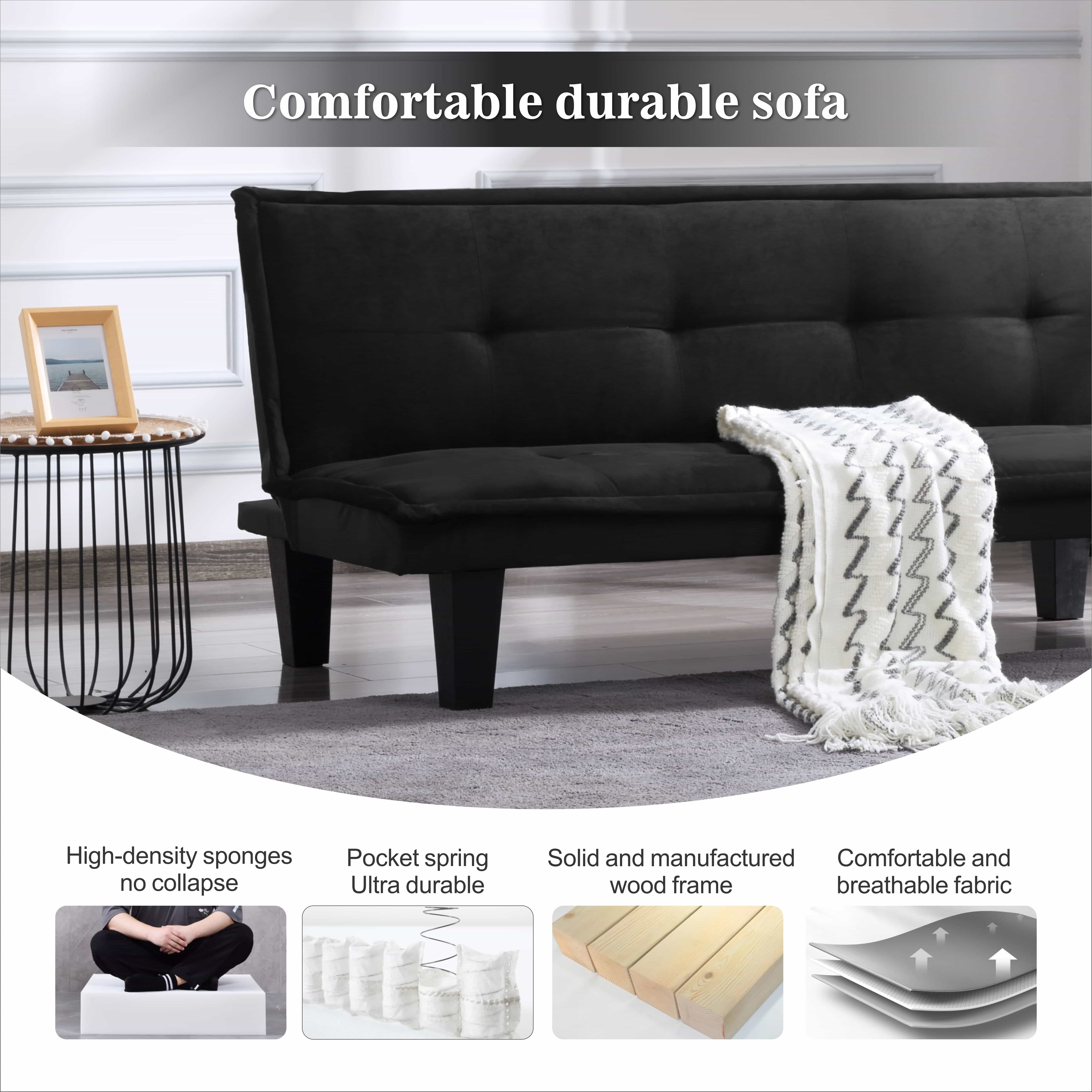 BSHTI 63.8 inch Futon Sofa Bed，Black Faux Suede Upholstered Sofa Couch,Convertible Sleeper Futon Sofa Bed for Livingroom