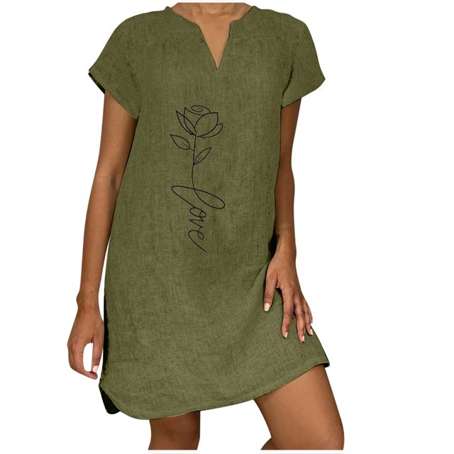 Vestido de cáñamo de bambú con estampado de cobertura suelta y cuello en V retro vintage de manga corta para mujer Pompotops ghjkhdj17561