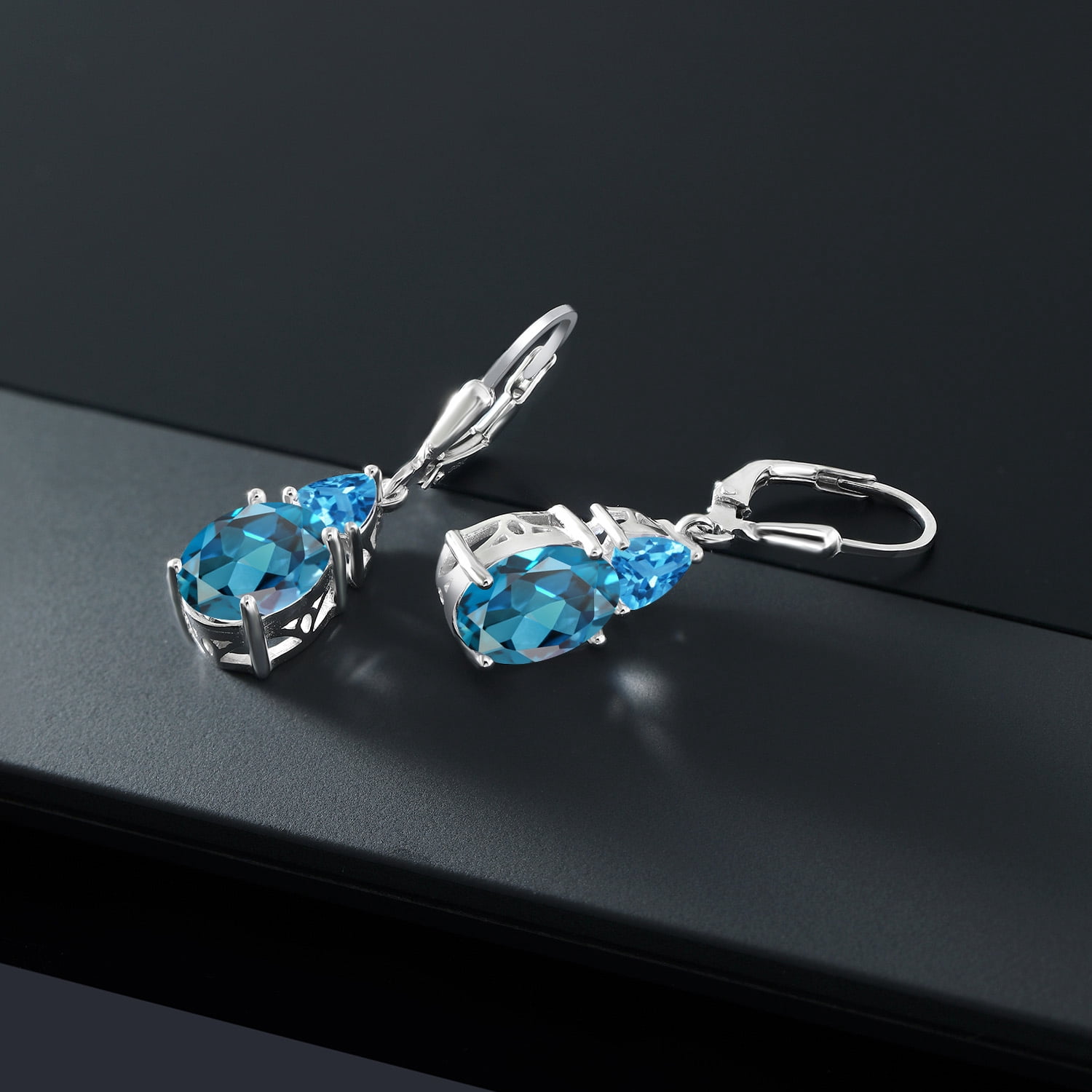Gem Stone King 925 Sterling Silver London Blue Topaz and Swiss Blue Topaz Dangle Earrings for Women (7.16 Cttw, Gemstone November Birthstone, Oval 10X8MM, Trillion 5MM)