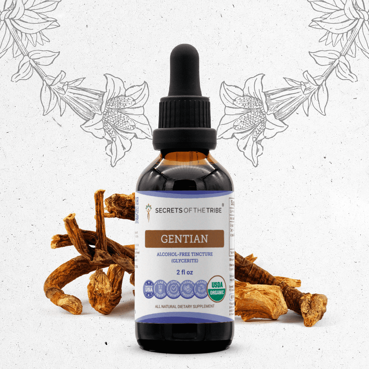 Secrets Of The Tribe Gentian Organic Tincture Dietary Supplement, Natural Herbal Extract for Digestive Support, Certified Organic Gentian (Gentiana lutea) Dried Root, Alcohol-Free Extract, Drops 2 oz