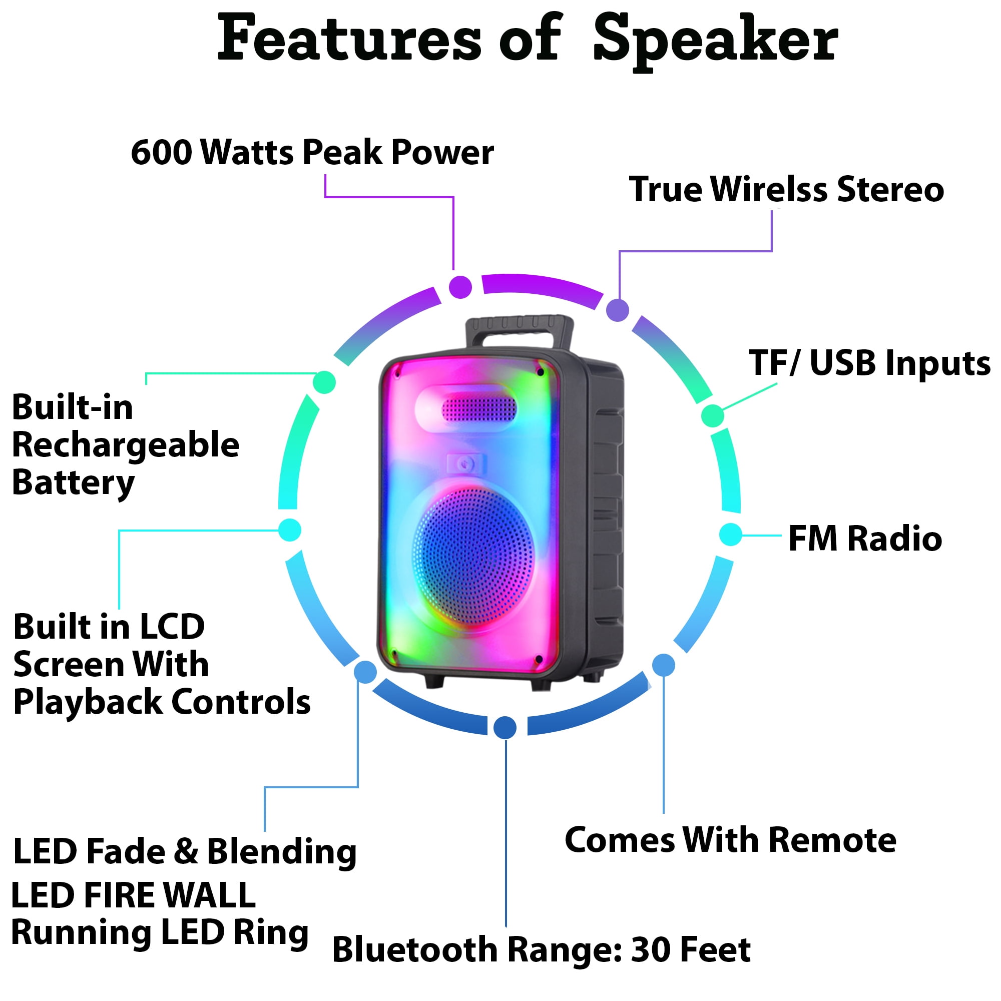 Technical Pro 600W Bluetooth Speaker 8 Inch Rechargeable LED Wireless Mic Remote