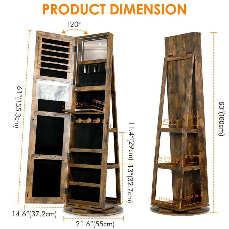 LVSOMT 360 Rotating LED Jewelry Armoire with Full Length Mirror Jewelry Cabinet Large Standing Lockable Mirror Jewelry Organizer with Inner Makeup