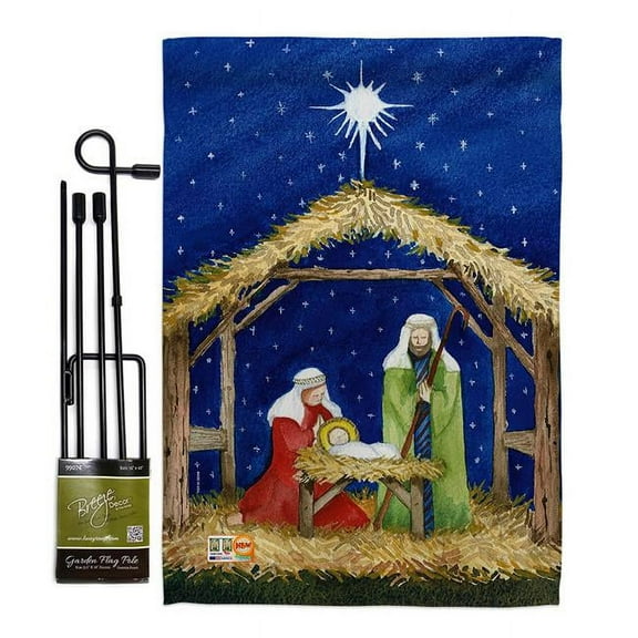 Breeze Decor BD-NT-GS-114214-IP-BO-D-US18-WA 13 x 18.5 in. Nativity of Jesus Winter Impressions Decorative Vertical Double Sided Garden Flag Set with Banner Pole
