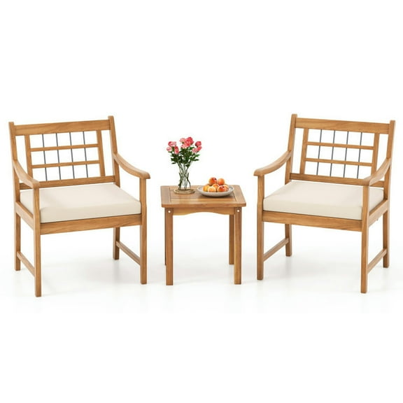 Spaco 3 Piece Wood Patio Furniture Set with Seat Cushions and Acacia Wood Frame, Outdoor Chairs, Patio Chair, Outdoor Patio Furniture-White