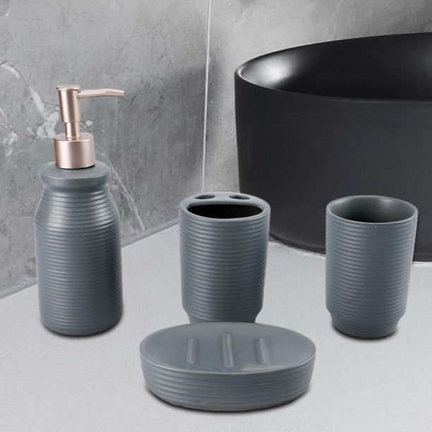4 Pieces Bathroom Accessories Set Vanity Countertop Accessory Set, Includes Lotion Dispenser, Soap Dish, Toothbrush Holder and Toothbrush Cup gris BLESIY Cosas de baño