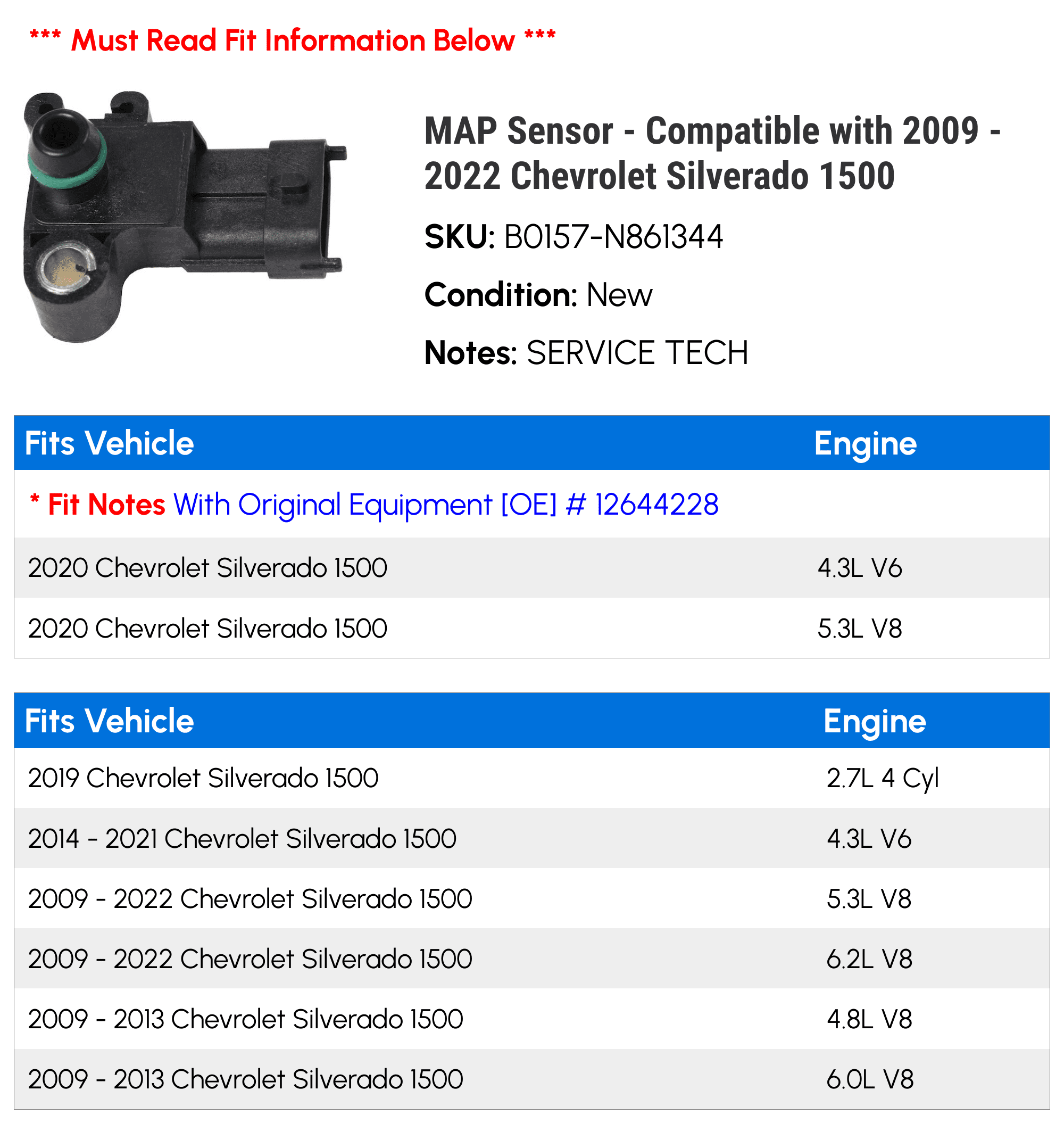MAP Sensor - Compatible with 2009 - 2022 Chevy Silverado 1500 2010 2011 2012 2013 2014 2015 2016 2017 2018 2019 2020 2021
