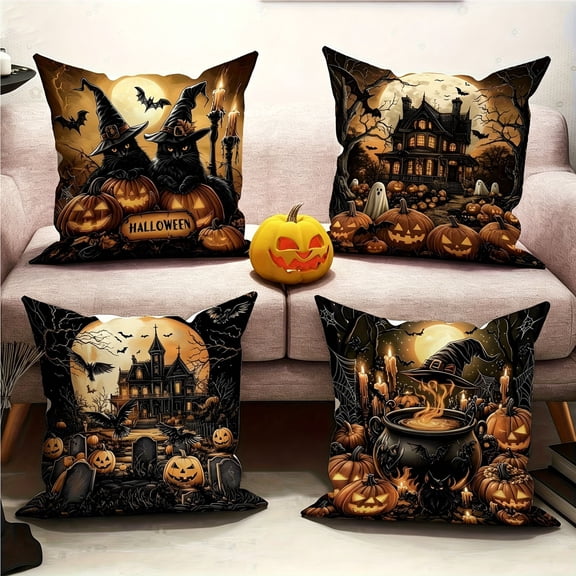 Set of 4 Vintage Halloween Pillow Covers, Halloween Pumpkin Print Linen Cushion Cases, Spooky Ghost Throw Pillow Covers, Rustic Decor for Home Sofa Couch Living Room