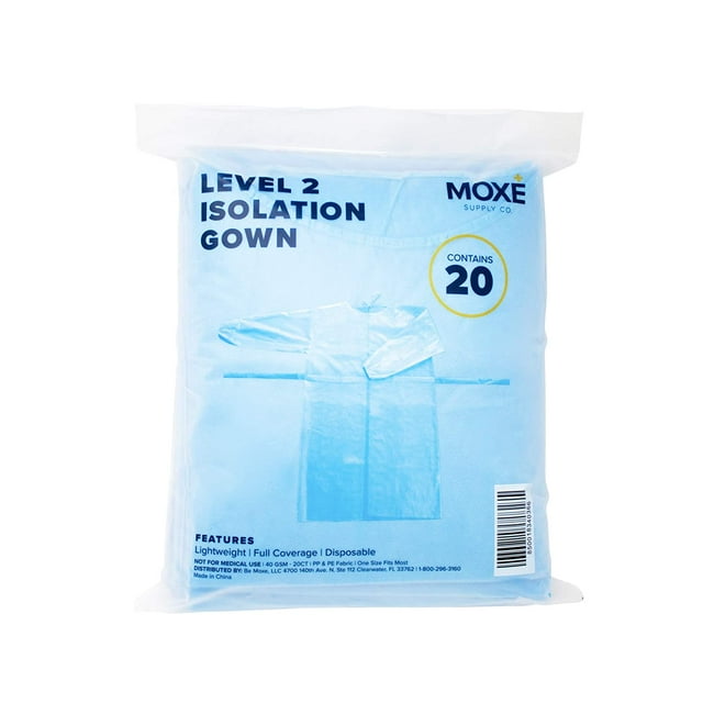 MOXE Niveau 2 Robe d'Isolement Jetable Légère Bleue, Lot de 20