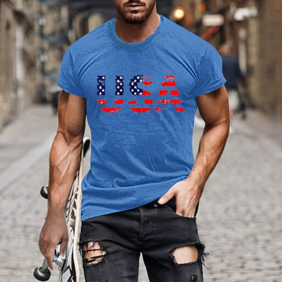 4th of July T Shirt for Men American Flag Tshirt Men Red White and Blue T Shirt Patriotic Shirts for Men Men Casual Fashion Printing Pullover Short Sleeve Round-Neck T-Shirt Top