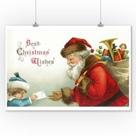 Best Christmas Wishes Little Boy Giving Santa a Letter (9x12 Art Print, Wall Decor Travel