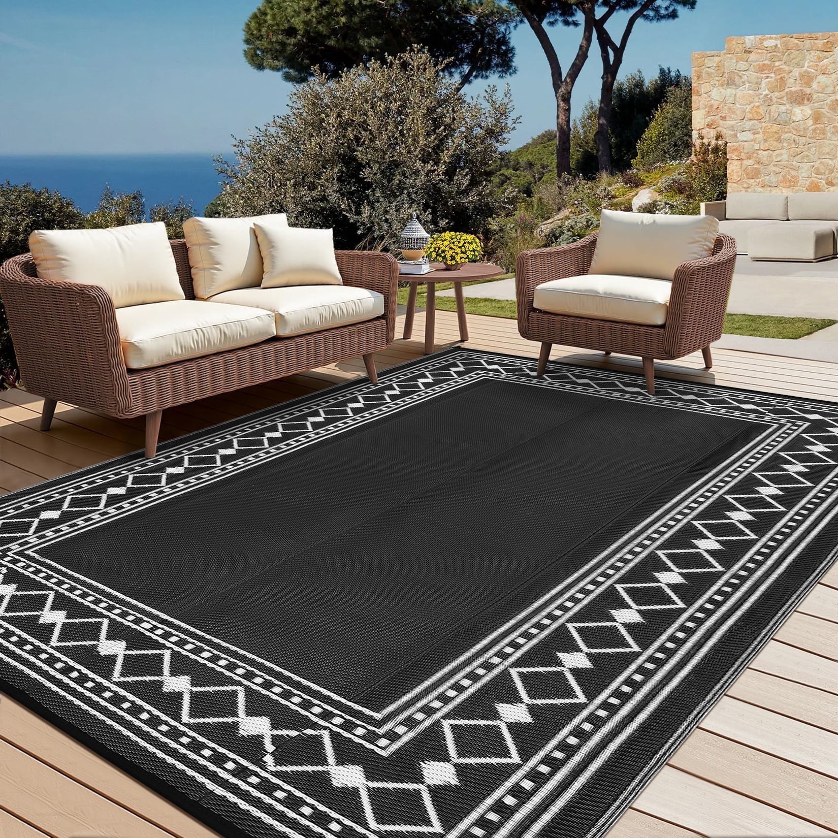 Garvee 9'x18' Outdoor Rug Modern Bordered Geometric Rug Waterproof Reversible Plastic Straw Rug for Patio Camping RV Balcony Backyard, Black