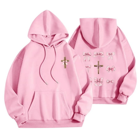 JTZGDY Fall Hoodies for Women Lightweight Casual Pink Ribbon Cross Printed Long Sleeve Drawstring Hooded Pullover Sweatshirts Loose Comfy Y2K Preppy Outfit Clothes 2025 Pink S