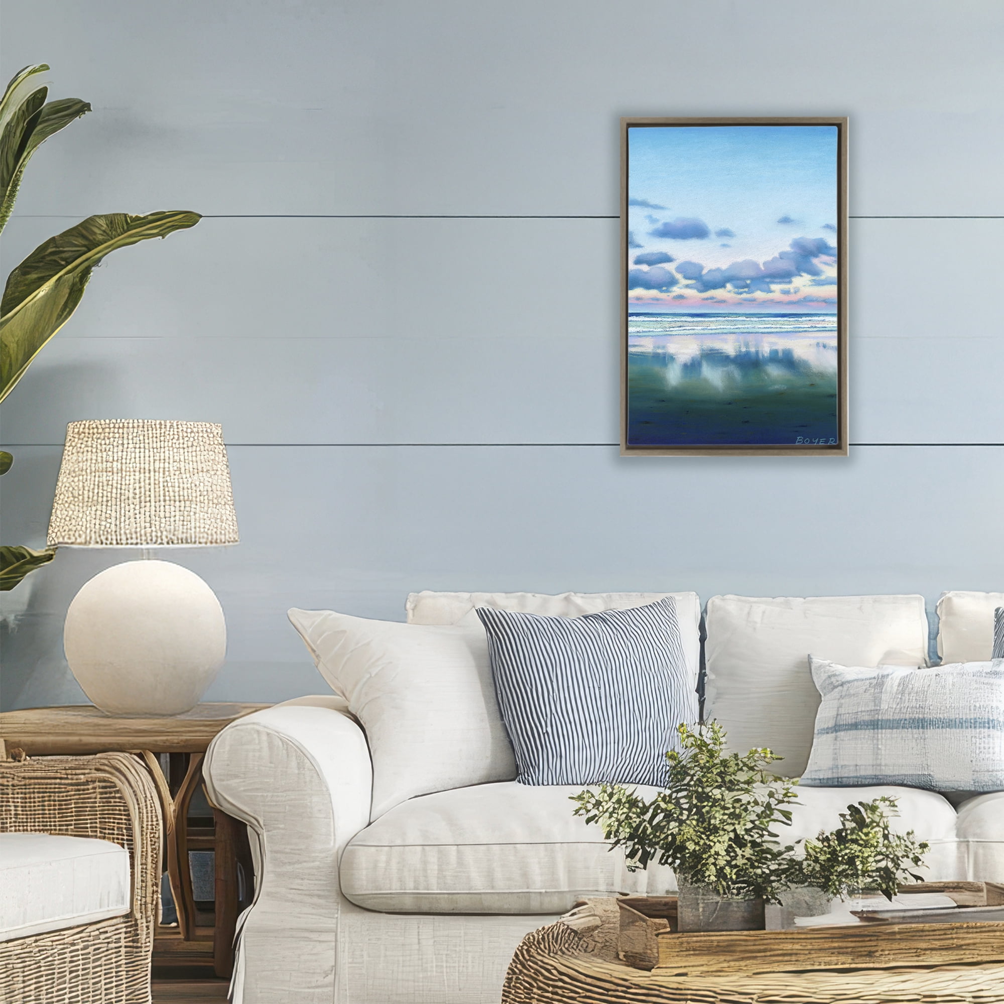 Stupell Industries Pretty Azure Cloud Reflection Brown Framed Floater Canvas Wall Art, design by Susy Boyer
