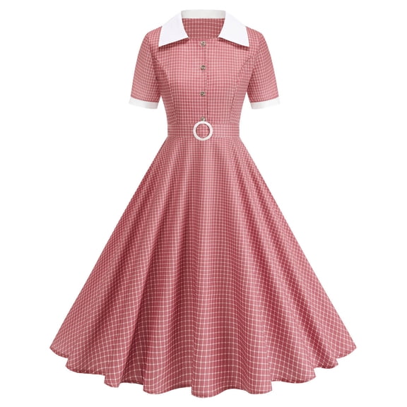Blmnix Women Dresses Gingham Dress Button Down Tent Under Dresses Cocktail-Length Short Sleeve Red Collared Belted Casual Dresses for Women,S