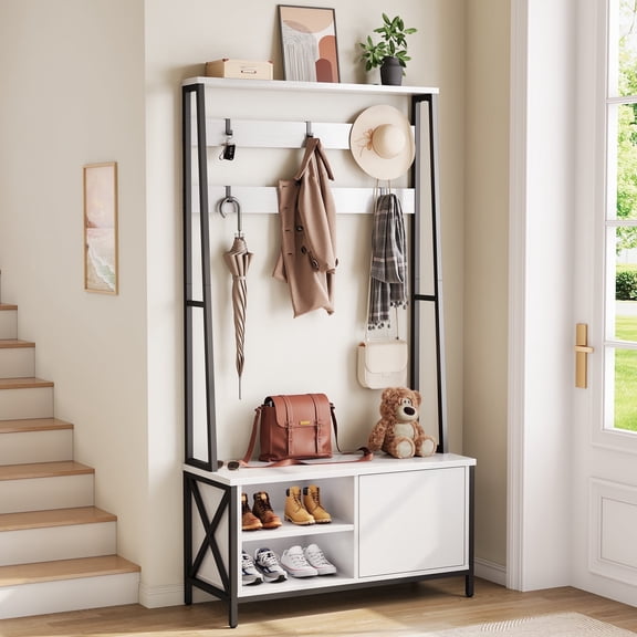 Vividwood Hall Tree with Bench, Shoe Storage, 6 Hooks, White, 31.5 in