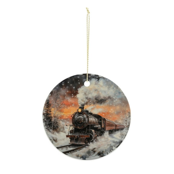 Winter Steam Train Christmas ornament, Christmas decoration, holiday present idea, heirloom keepsake, round ceramic, gift Exchange, bauble present, gift idea