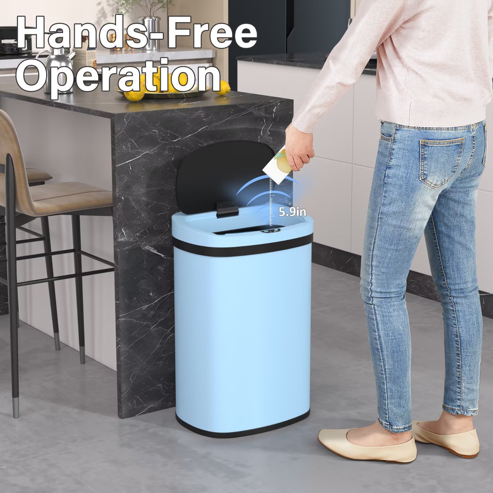 YRLLENSDAN 13 Gallon Touchless Stainless Steel Trash Can, Automatic Garbage Cans with Lid, Motion Sensor Wateproof Trash Bin for Kitchen Bedroom Bathroom Office, Blue