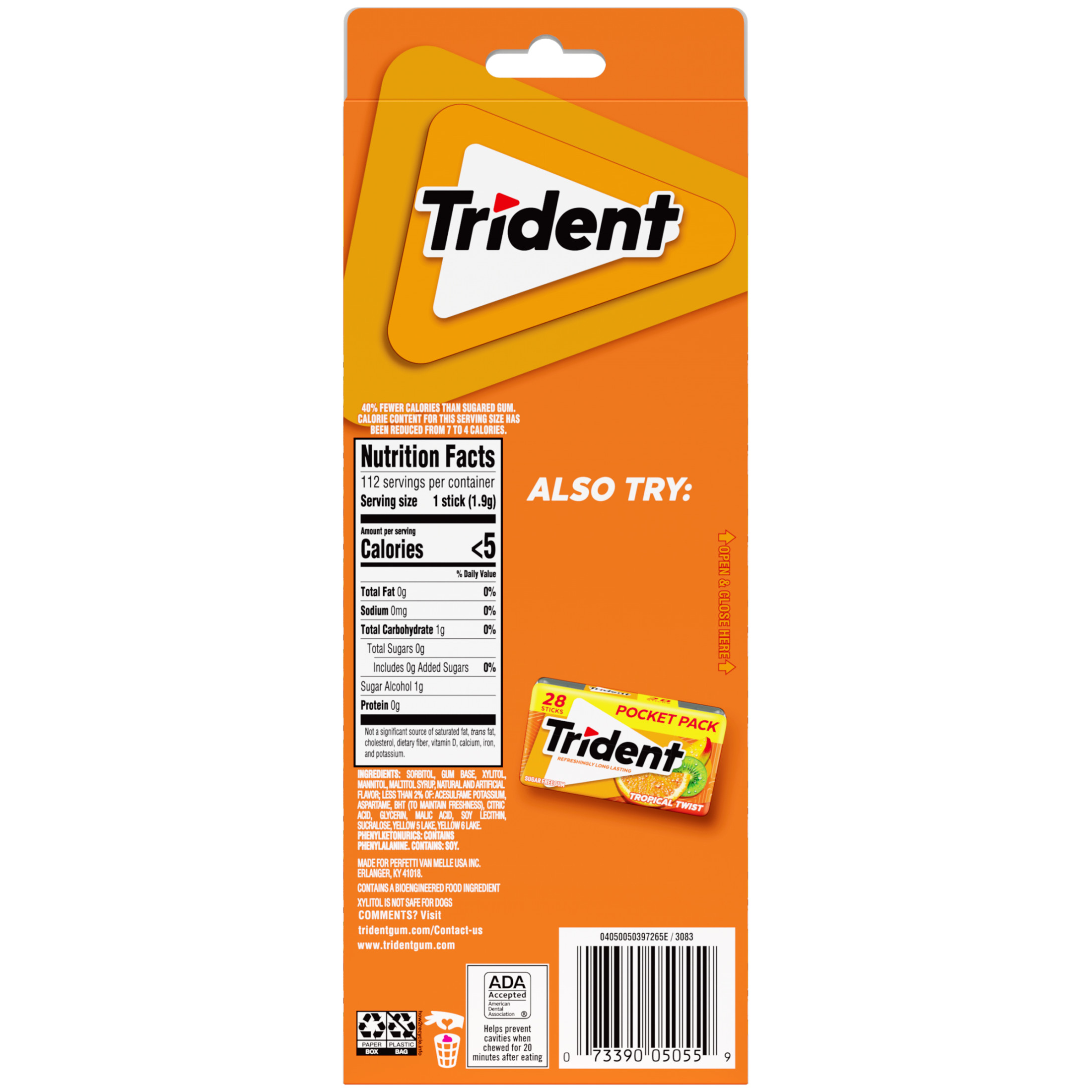 Trident Tropical Twist Sugar Free Gum, Value Pack, 8 Packs of 14 Pieces (112 Total Pieces)
