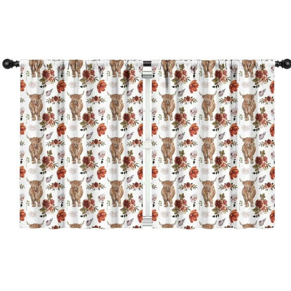 Blackout Kids Curtains,Flower and Highland Cow Childrens Insulated Curtains Set Of 2,Bedroom Essentials,Toddler Room Decor 42"x54"(106x137cm)