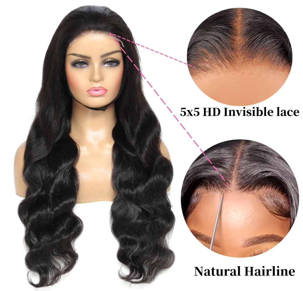 5x5 HD Lace Closure Wigs Human Hair Wear and Go Glueless Wigs Human Hair Pre Plucked Pre Cut 180% Density, 20 Inch 5x5 Body Wave Closure Human Hair Wig for Beginner Friendly Natural Black