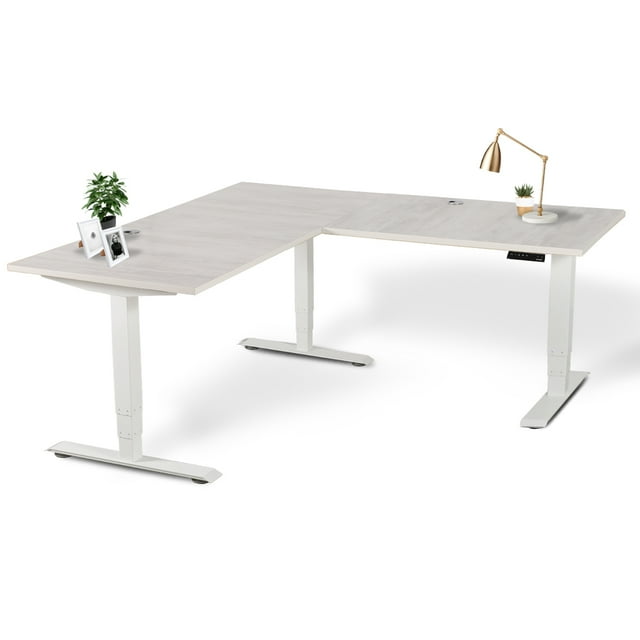 EFFYDESK Executive L-Shaped Height Adjustable Home Office Computer Standing Desk with Cable Management Tray (71"×71") Oak White on White Frame