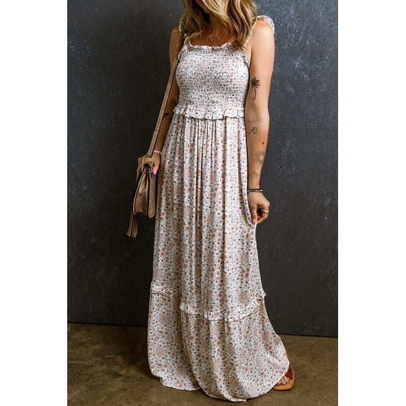 FOLUNSI Floral Lace Maxi Dress - Shirred, Elegant Fit