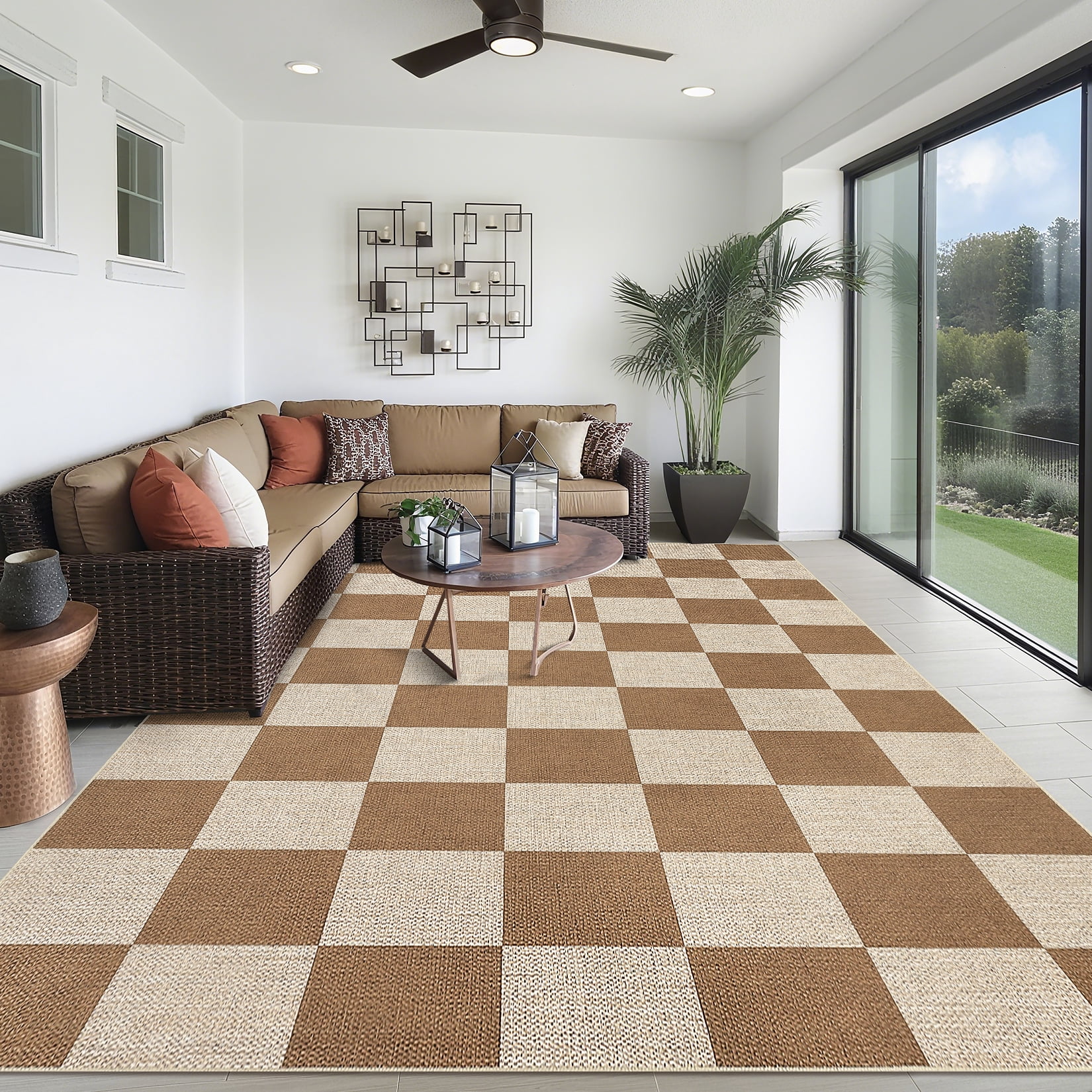 Hasoo Large Washable Rug 9' x 12' Area Rug for Living Room Easy Jute Check Non-Slip Neutral Indoor/Outdoor Decor Carpet, Brown