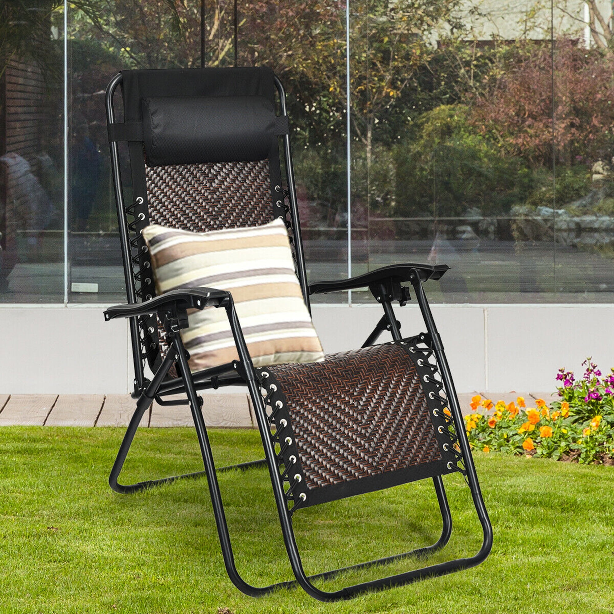 LXLA Folding Sun Lounger Adjustable Recliner Black Lawn - Load 100kg Patio Outdoor Relaxing Zero Gravity Chair for Garden Deck