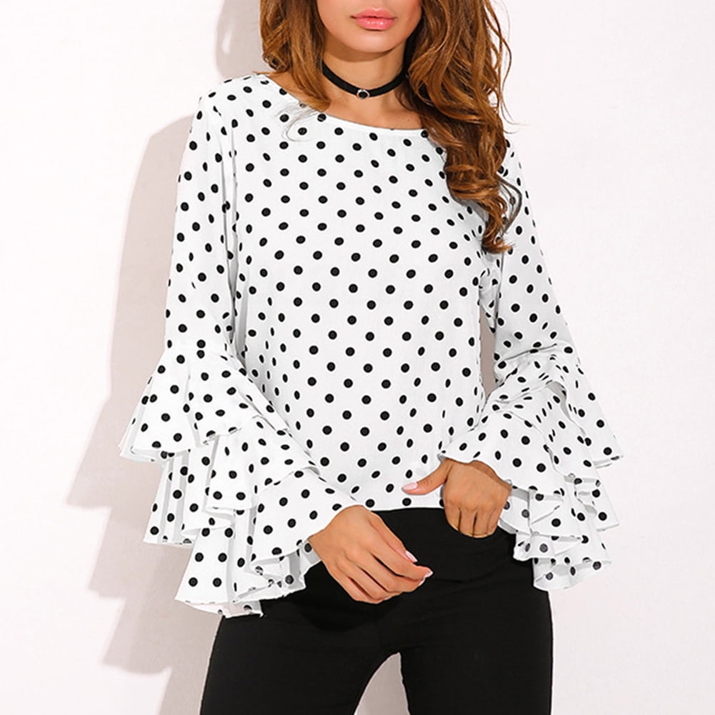 Women Polka Dot Ruffle Blouse Long 