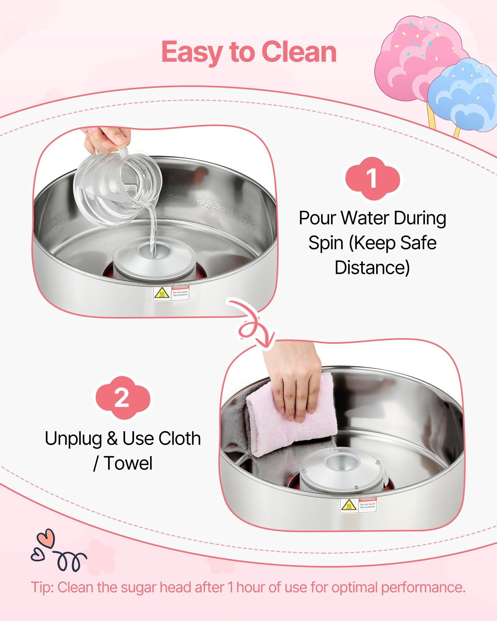 Commercial Cotton Candy Machine Electric Sugar Floss Maker 1000W Stainless Steel Plate Pink Body with Overheat Protection, 3.7oz Sugar Capacity, Easy Operation, Quick Cleanup