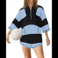 thumbnail image 2 of Conjunto Deportivo de Dos Piezas A Rayas para Mujer, Chándal Extragrande, Conjunto de Top y Pantalones Cortos con Bolsillos, Negro y Azul, Talla XXL, 2 of 7