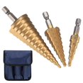 thumbnail image 1 of ZHAOCHENG Broca escalonada de 3 piezas, broca escalonada HSS con punzón central automático, broca escalonada cónica triangular, broca cónica revestida, 4 mm-12/20/32 mm, 1 of 5