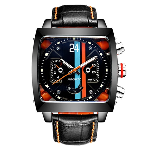 Reloj de pulsera mecánico automático de cuero con correa de reloj para hombre, luminoso, informal, cuadrado, negro Vogacara EL002804-01