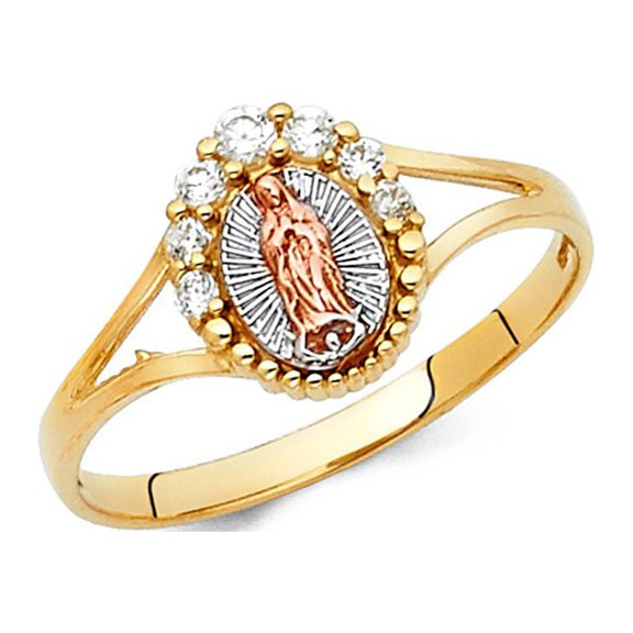 14k Tri Color Italian Gold CZ 10mm Guadalupe Ring Oval Shape Prong Set