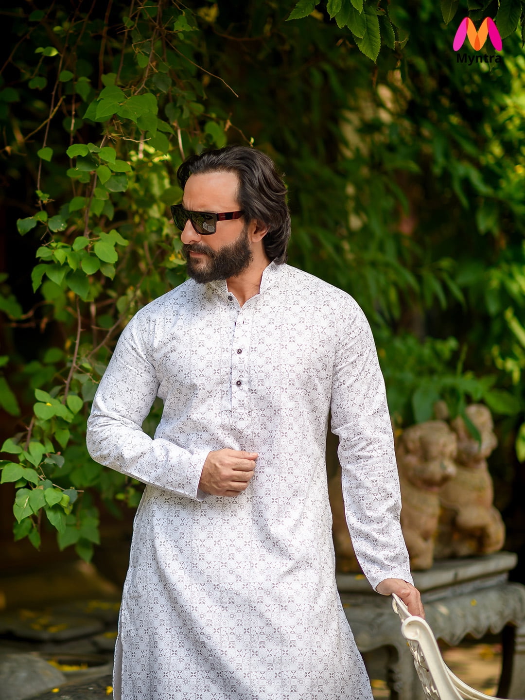 House of Pataudi Men White & Grey Printed Straight Kurta Walmart Canada