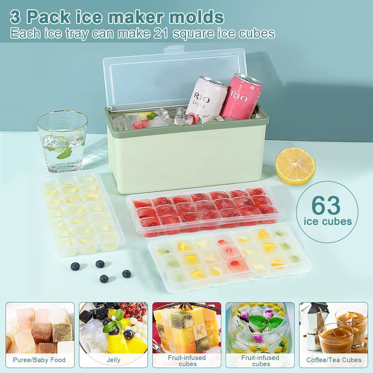 Ice Cube Tray with Lid and Bin, GAITON 2 Pack Ice Cube Trays for Freezer,  64 Pcs One Button Quick Release Ice Cube Mold, Green 