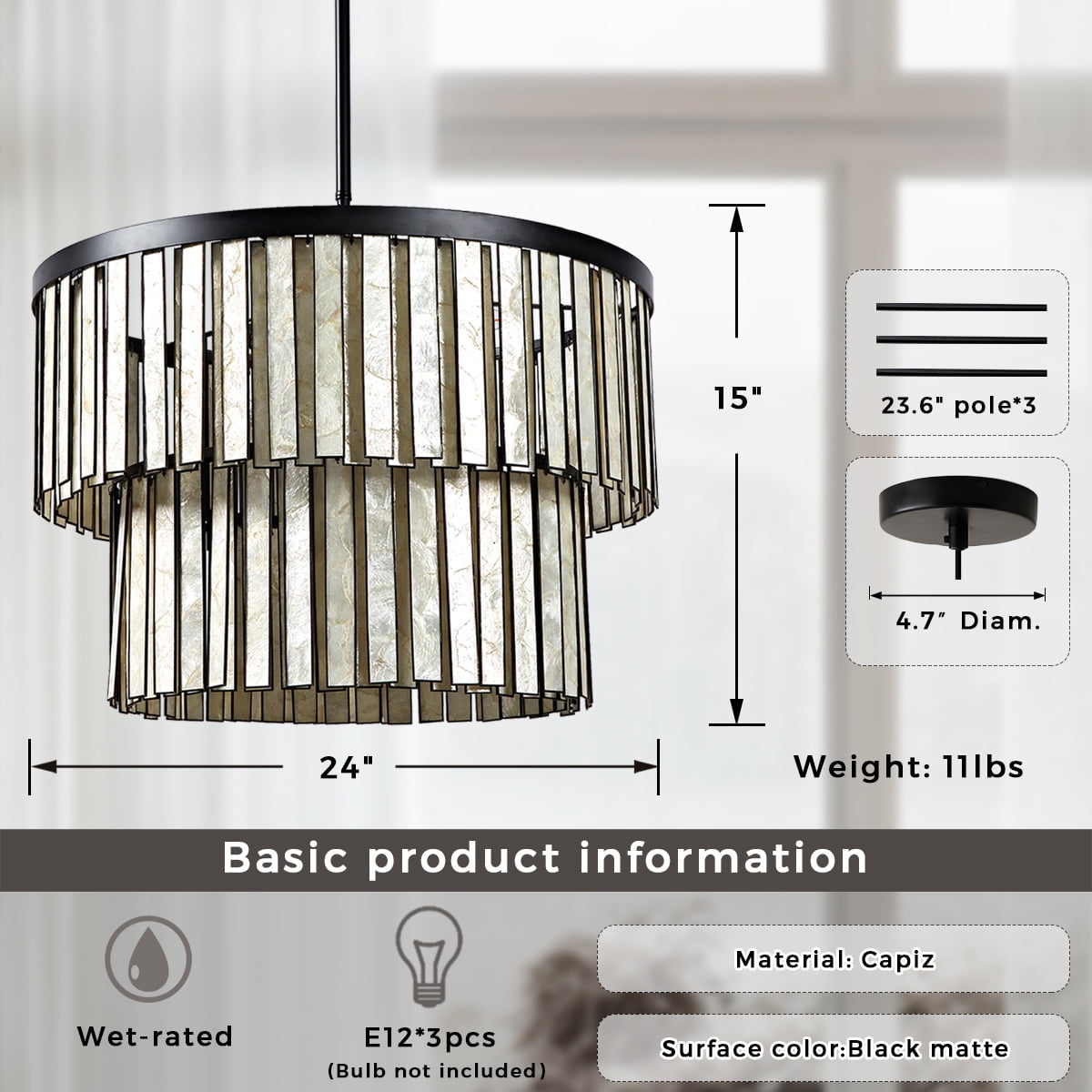 Capiz Shell Round Chandelier, Chandelier for Kitchen Island, Light Fixtures for Dining Room