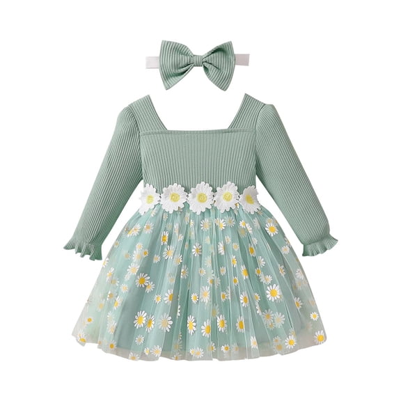 Bovxnpu Spring Girls Dresses, Girls Long Sleeve Squared Neck Graphic Bow Fall Winter Dress Girls Midi Dress Sundress