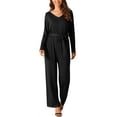 thumbnail image 2 of INSPIRE CHIC Women's Long Sleeve V Neck Jumpsuit Belted Back Zipper Stretchy Wide Leg Long Pant Romper, 2 of 4
