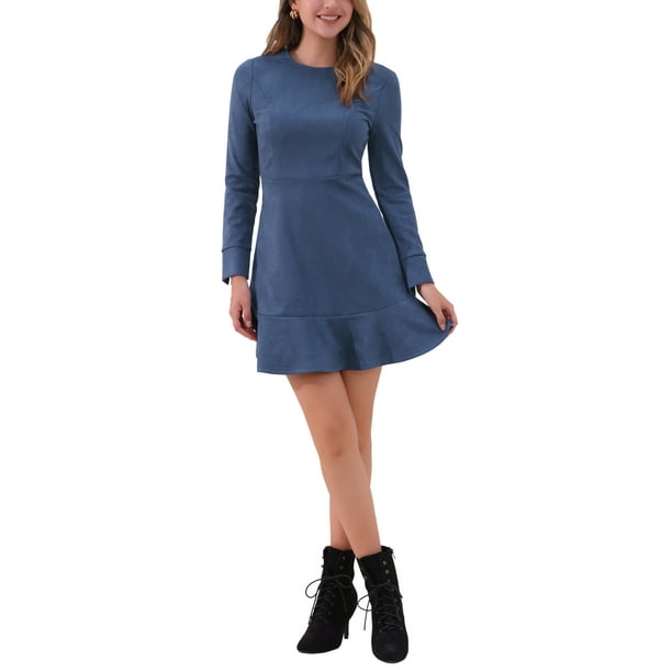 Vestido elegante de manga larga con volantes de ante sintético para mujer INSPIRE CHIC, cuello redondo, talla XL, azul oscuro
