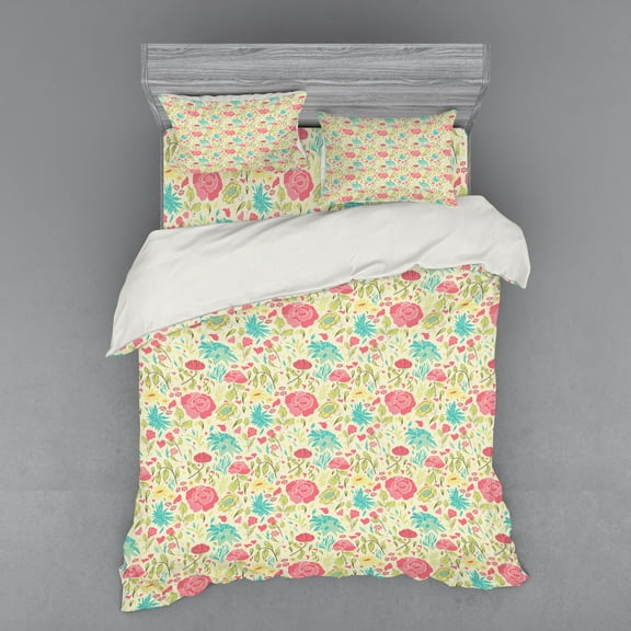 Ambesonne Floral Bedding Set 4 Pcs, Blooming Spring Sprouts, Queen, Multicolor