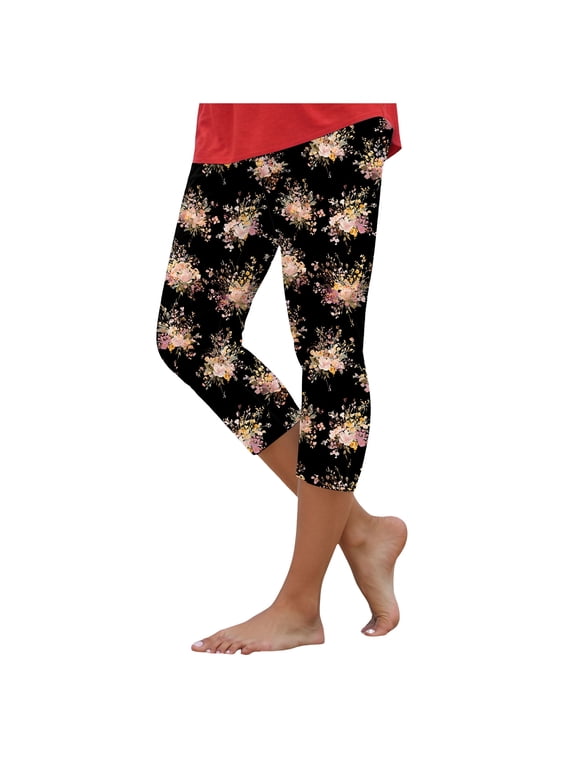 Capri Leggings for Women Yoga Workout Floral Print Pants Tummy Control Beach Cropped Pant Lightweight Trousers (Grey, M)