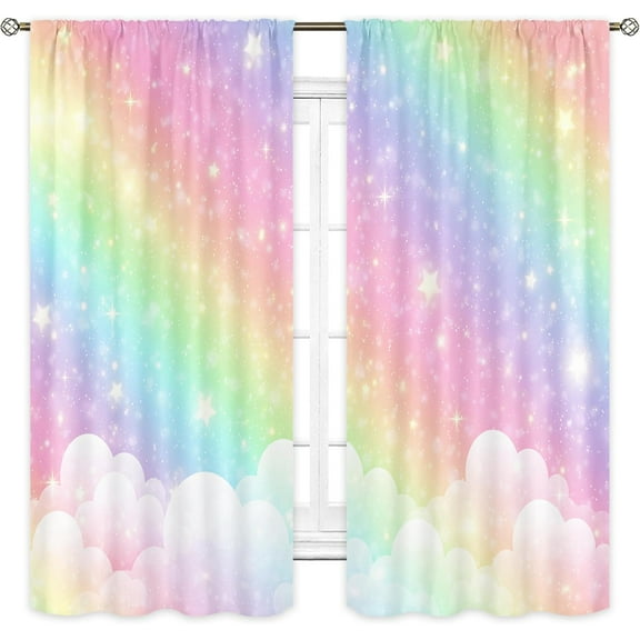 Colorful Rainbow Curtains for Girls Bedroom 42Wx63H Inch Rod Pocket Ombre Cute Pastel Kids Room Decor Sky Clouds Star Art Printed Baby Nursery Princess Girly Living Room Window Drapes 2 Panel