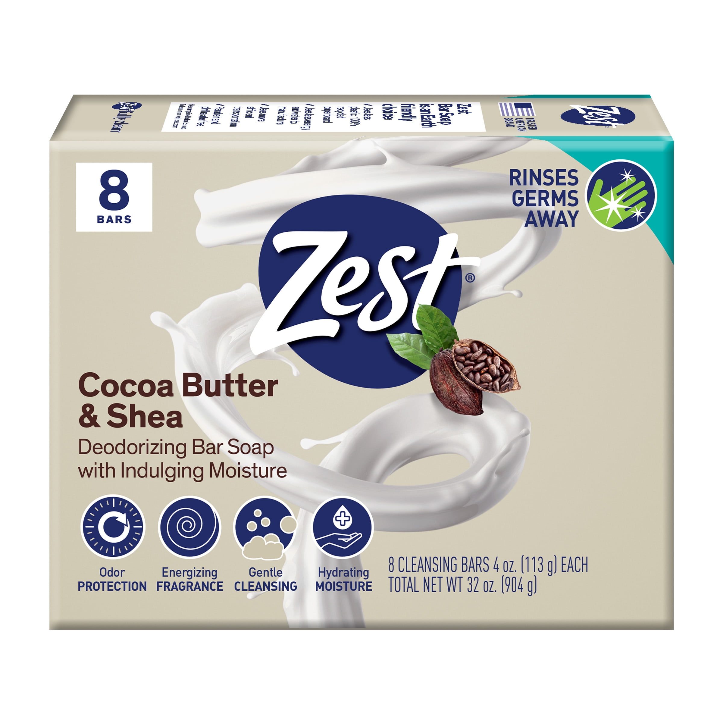 Zest Deodorant Bar Soap, Hydrating Moisture for All Skin Types, Cocoa Shea Butter, 4 oz, 8 Bars