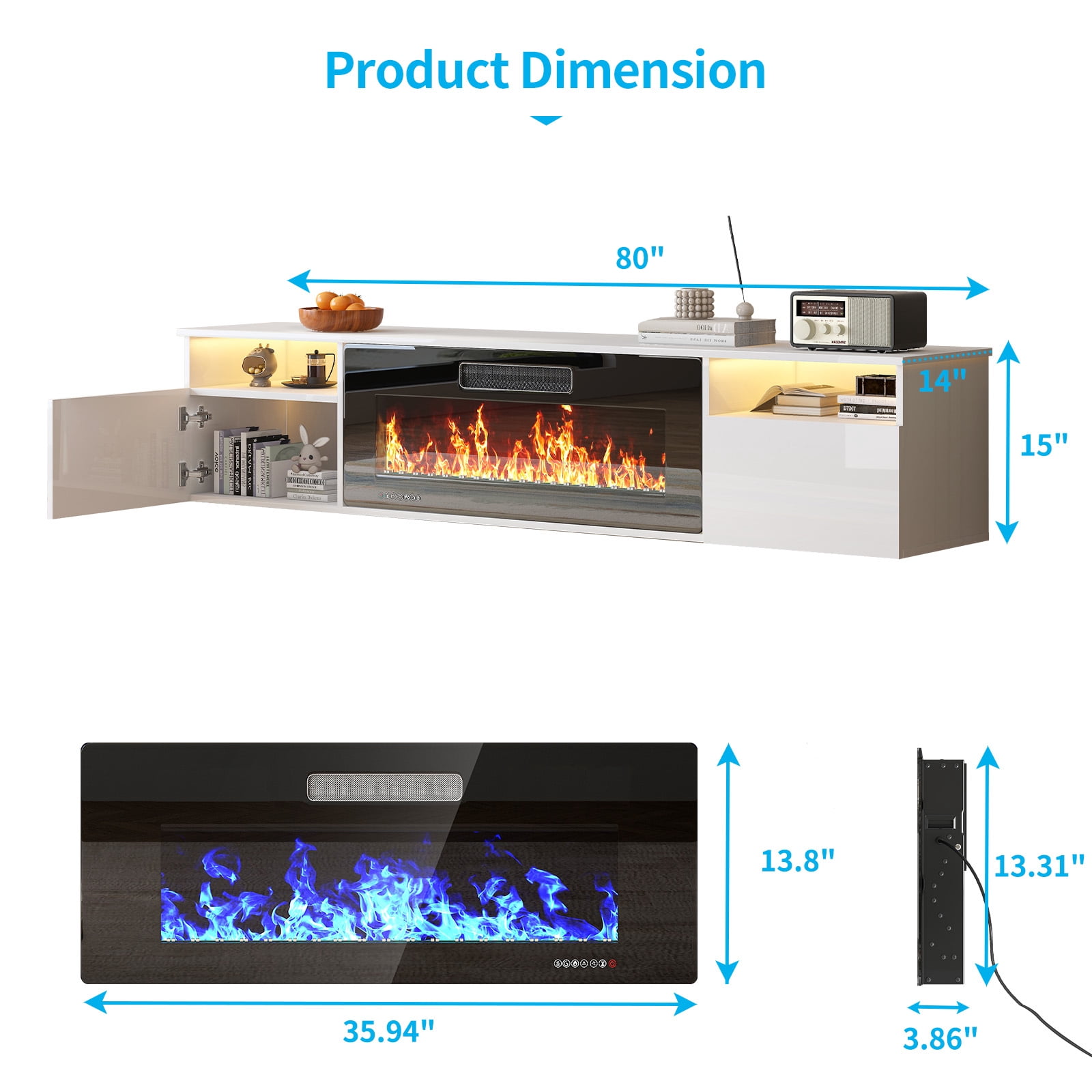 TABU 80" Floating Fireplace TV Stand with 36" Electric Fireplace,Wall Mounted TV Stand with Fireplace for TVs up to 90",White