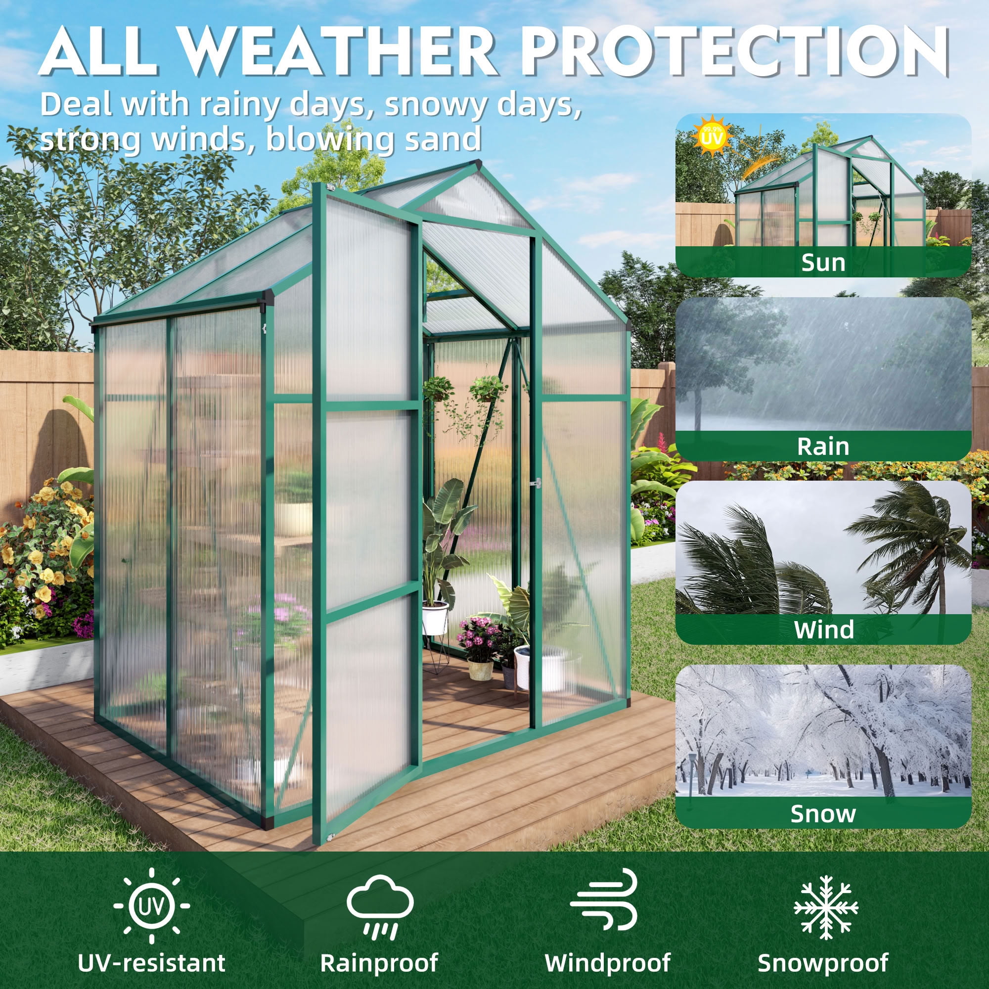 MAYEERTY 6x4 FT Walk-in Greenhouse with Drainage System, All-Season UV-Protected Greenhouse for Backyard, Garden & Patio