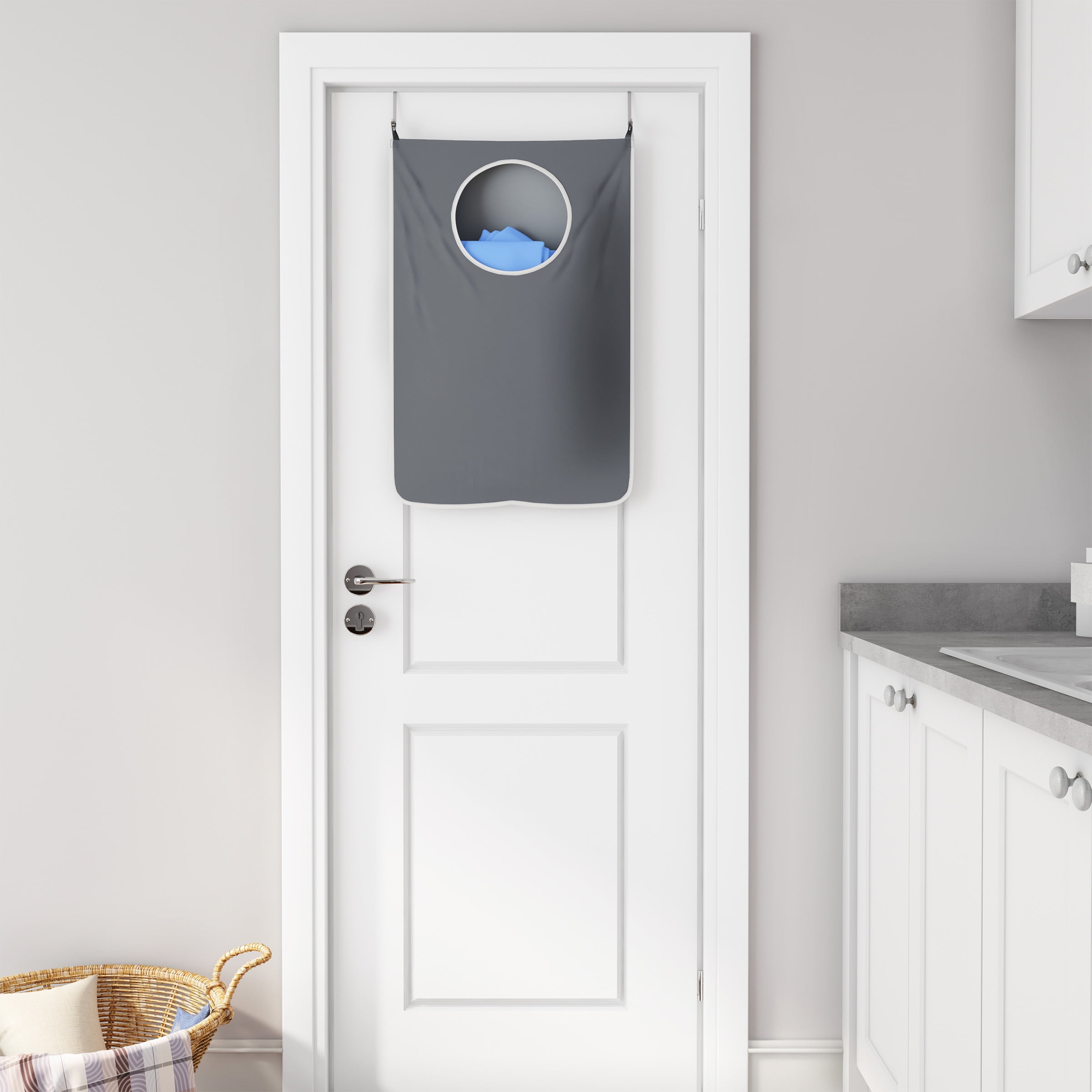Lavish Home Over the Door Laundry Hamper with Hooks, Gray
